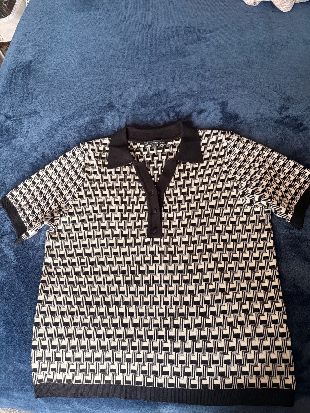Adrianna Papell Black & White Geometric Knit Polo Top Size M